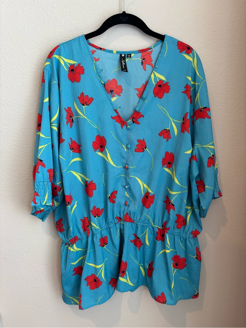 ASOS Curve Turquoise Floral V-Neck Button Peplum Blouse